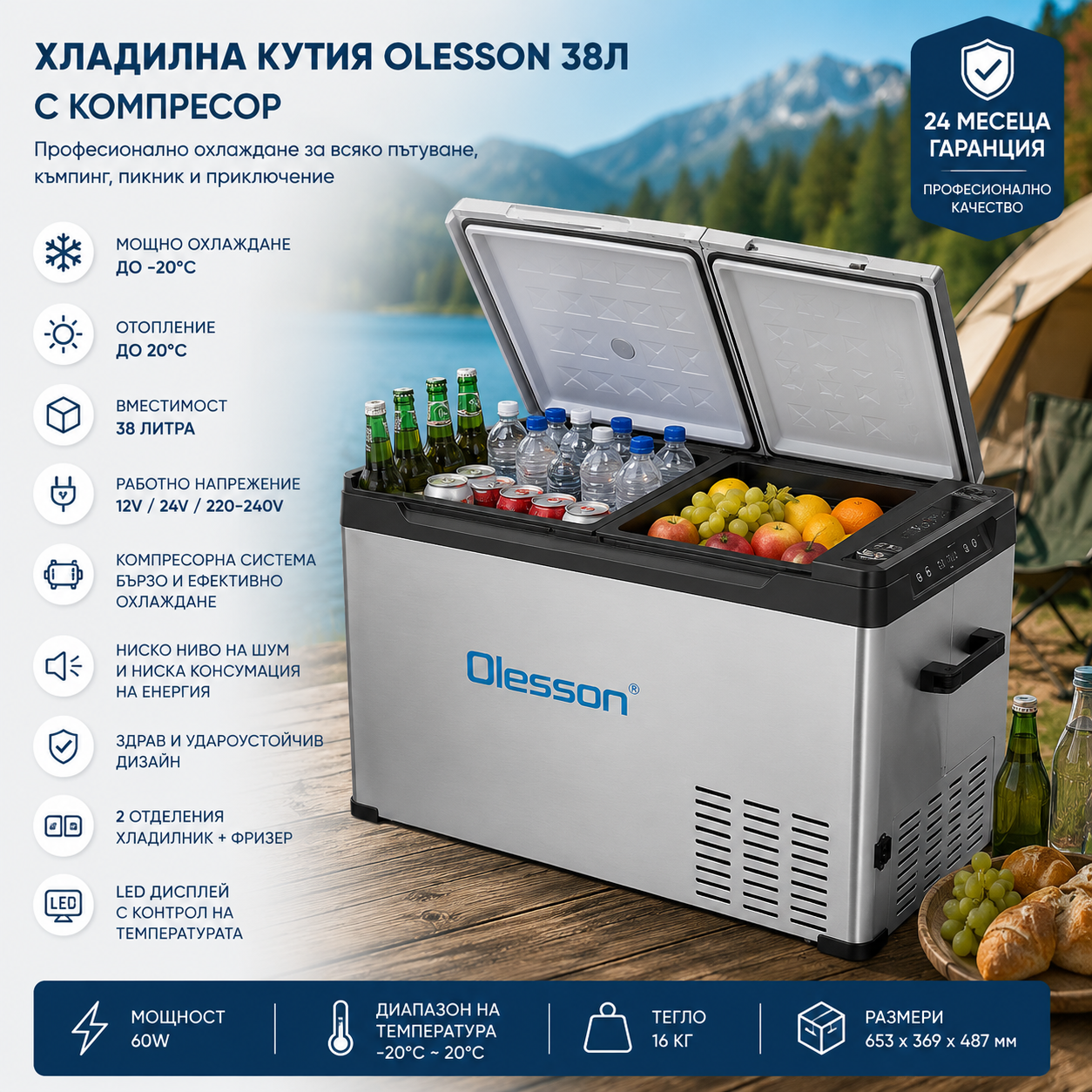 Компресорен хладилник за кола Olesson 38 л с две отделения – 12V/24V/220V, от -20°C до +20°C ЗА ГРАДИНАТА Компресорен хладилник за кола Olesson