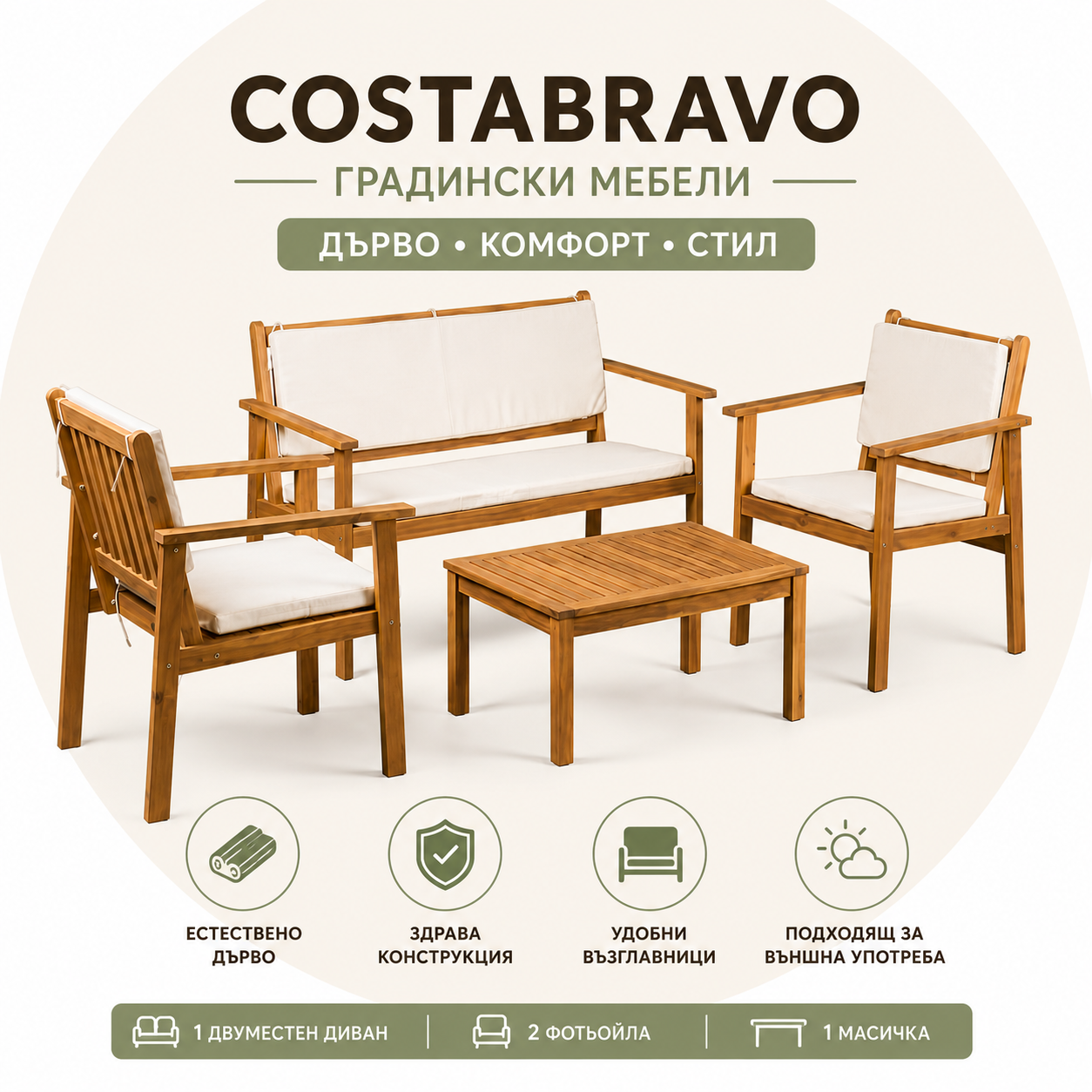 Градински мебели COSTABRAVO – комплект с двуместен диван, 2 фотьойла и масичка ГРАДИНСКИ МЕБЕЛИ Градински мебели COSTABRAVO – комплект с двуместен диван, 2 фотьойла и масичка