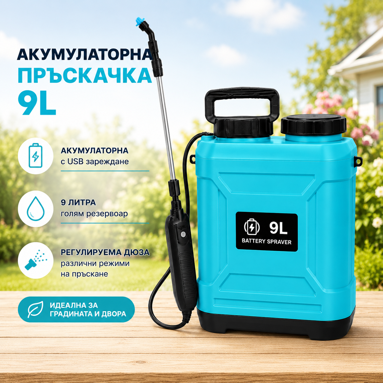 Акумулаторна електрическа пръскачка 9L с USB зареждане ЗА ГРАДИНАТА Акумулаторната електрическа пръскачка 9 литра