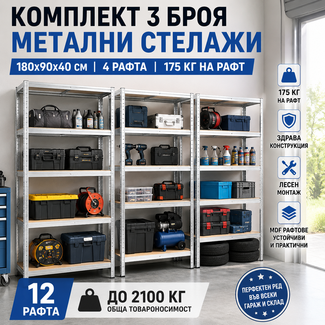 Комплект 3 броя метални стелажи 180×90×40 см – 12 рафта, до 2100 кг обща товароносимост ЗА ДОМА Комплект 3 броя метални стелажи