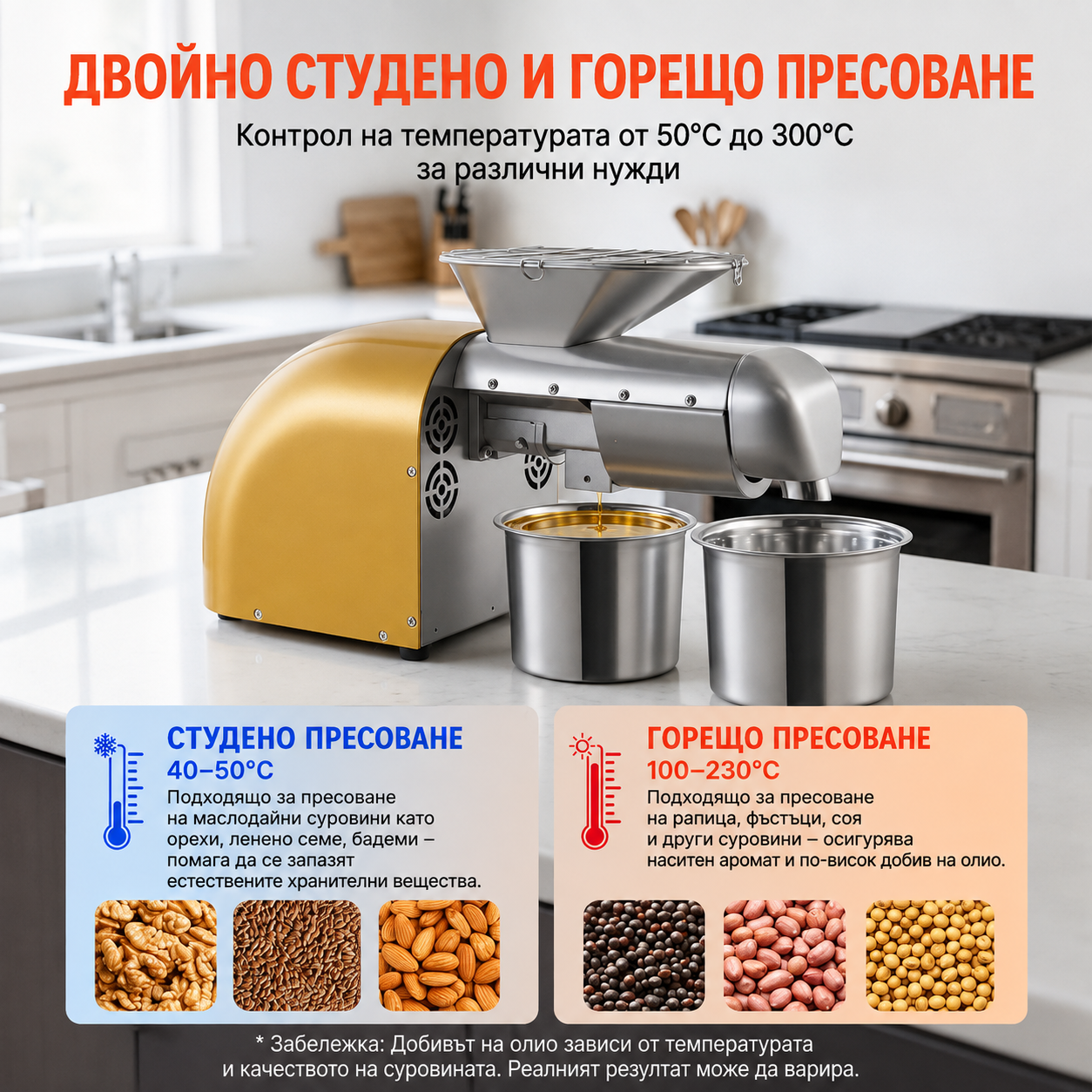 Електрическа преса за масло 1250 W – до 5 кг/ч, топло и студено пресоване, 50–300°C ЗА ДОМА Електрическа преса за масло
